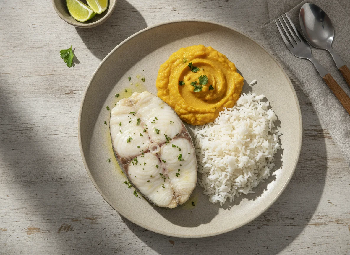 Peixe com purê e arroz photo
