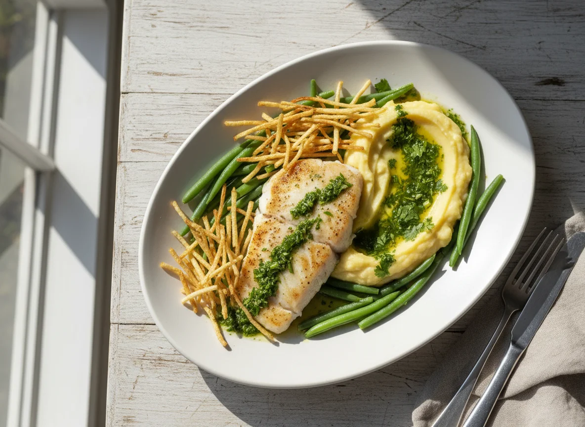 Peixe com purê e batata palha photo