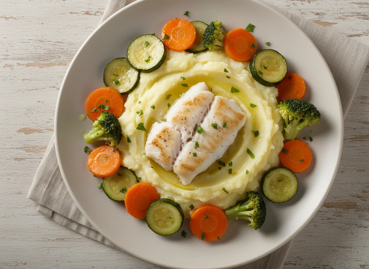 Peixe com purê e legumes salteados photo