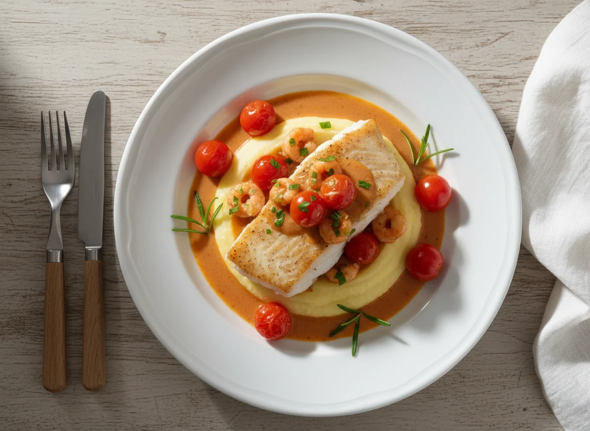 Peixe com purê e molho de camarão photo