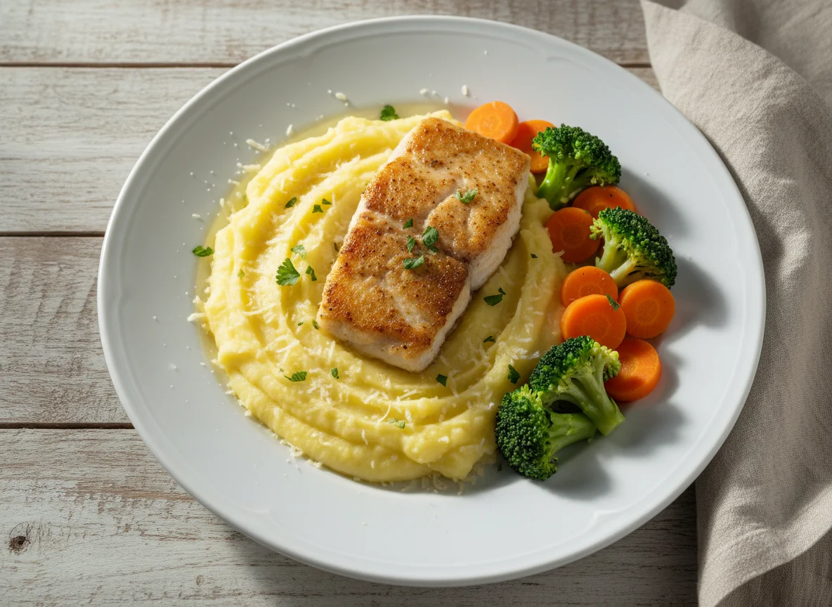 Peixe com purê e vegetais photo