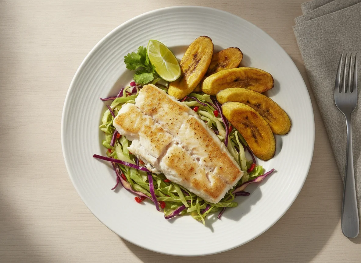 Peixe com repolho e banana da terra grelhada photo