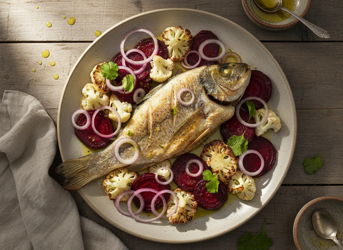 Peixe com salada de beterraba e couve-flor photo