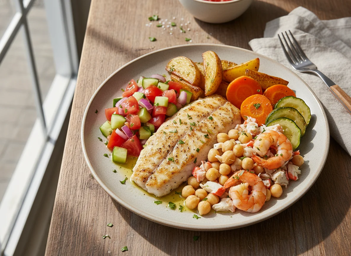 Peixe com salada de grão de bico e legumes assados photo