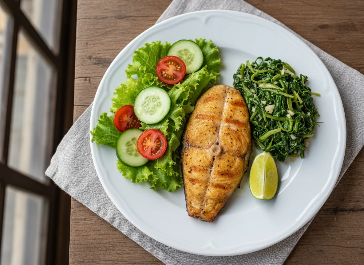 Peixe com salada e couve photo