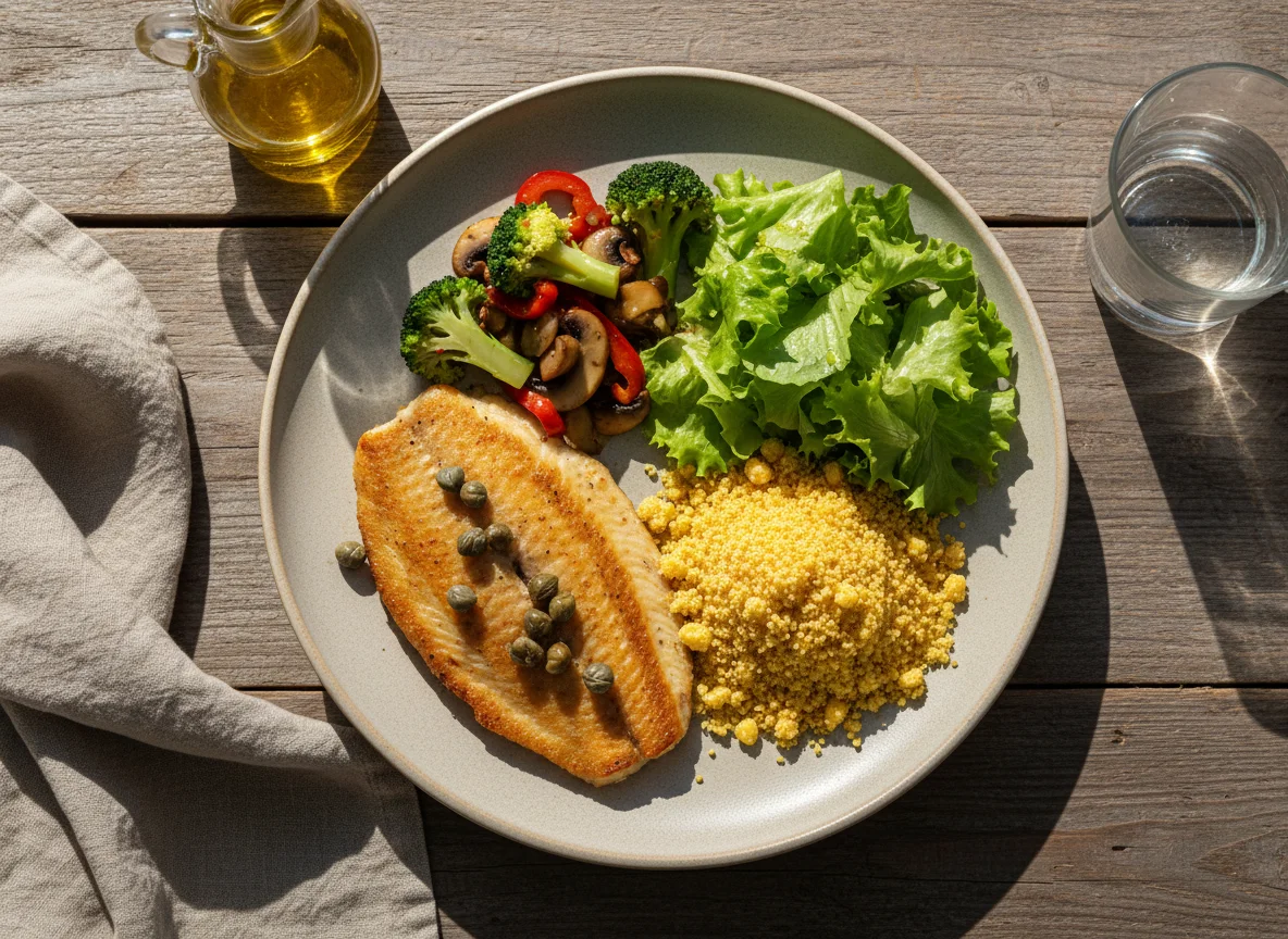 Peixe com salada e farofa photo