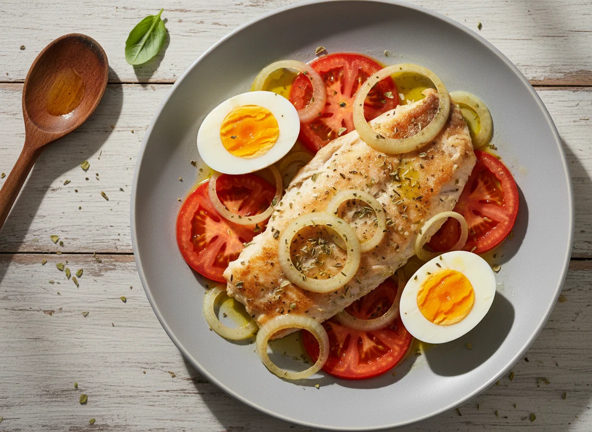 Peixe com tomate, cebola e ovo cozido photo