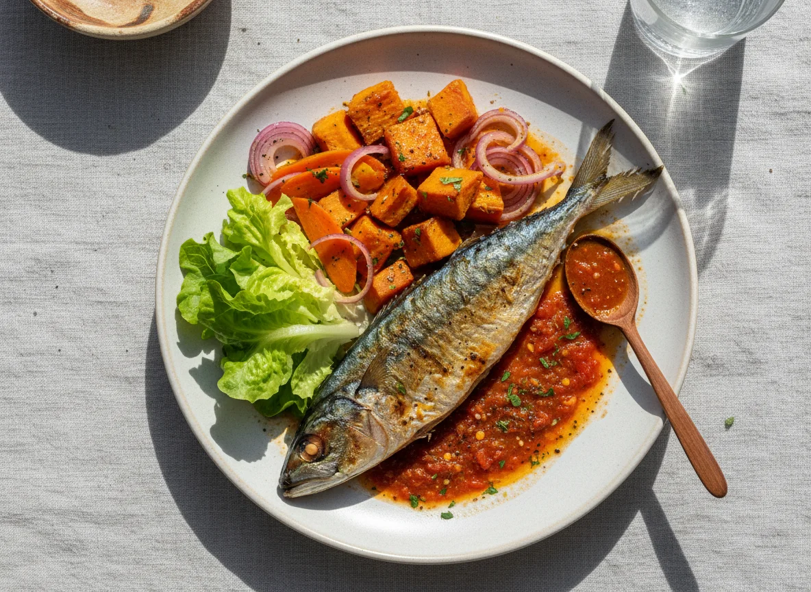 Peixe com vegetais e batata doce photo