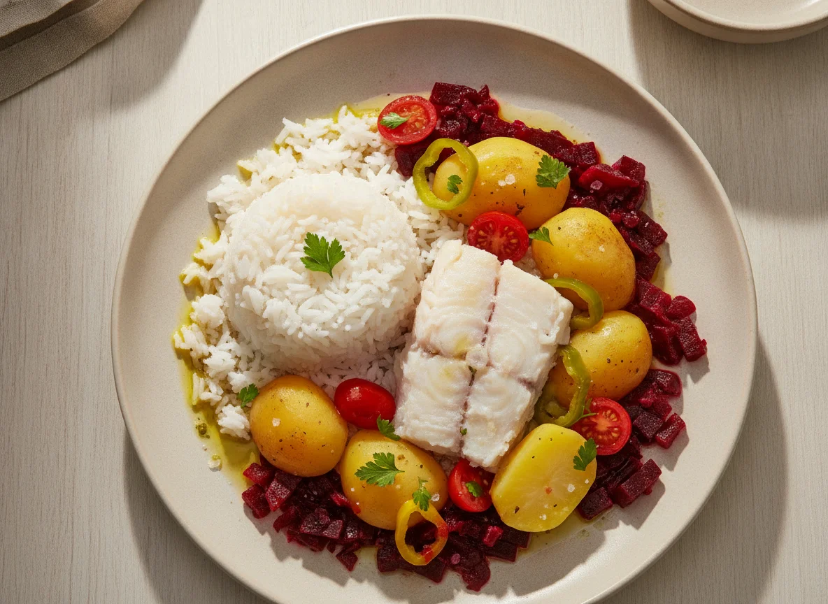 Peixe cozido com arroz, batatas e beterraba photo