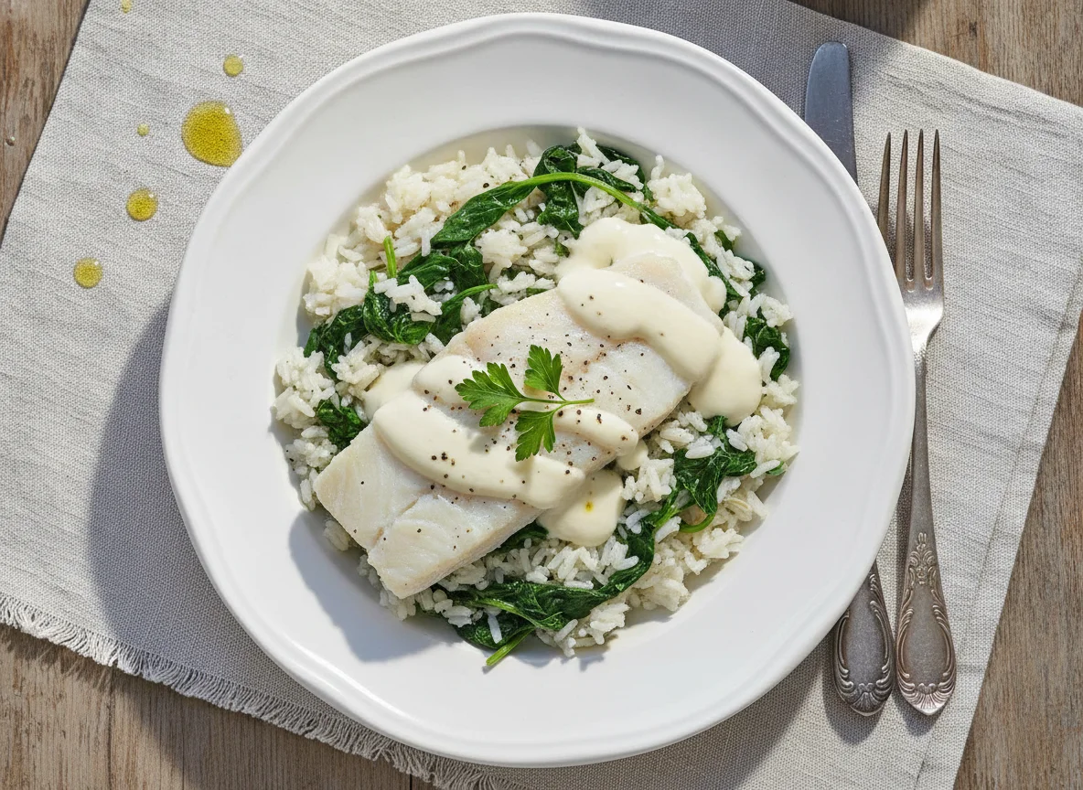 Peixe cozido com arroz de espinafres e molho branco photo