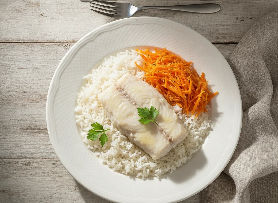 Peixe cozido com arroz e cenoura photo