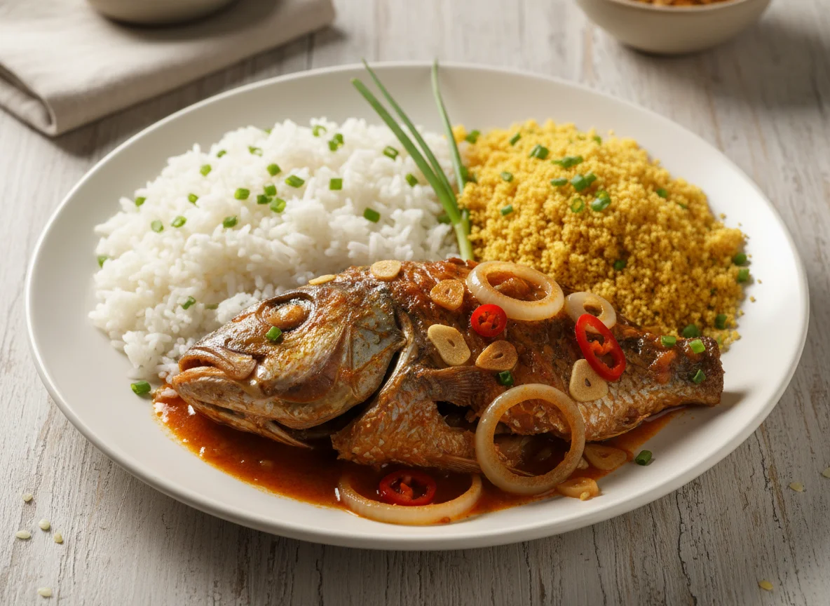 Peixe cozido com arroz e farofa photo