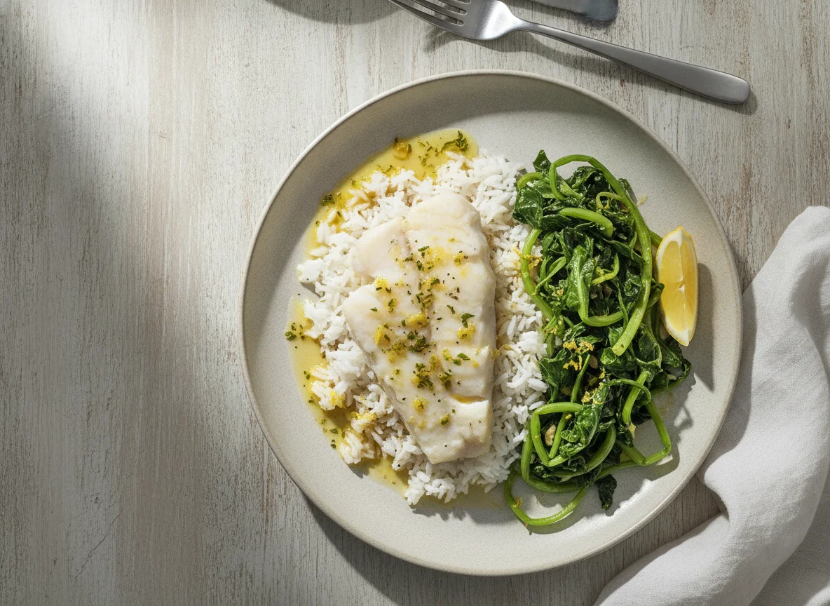 Peixe cozido com arroz e grelos photo