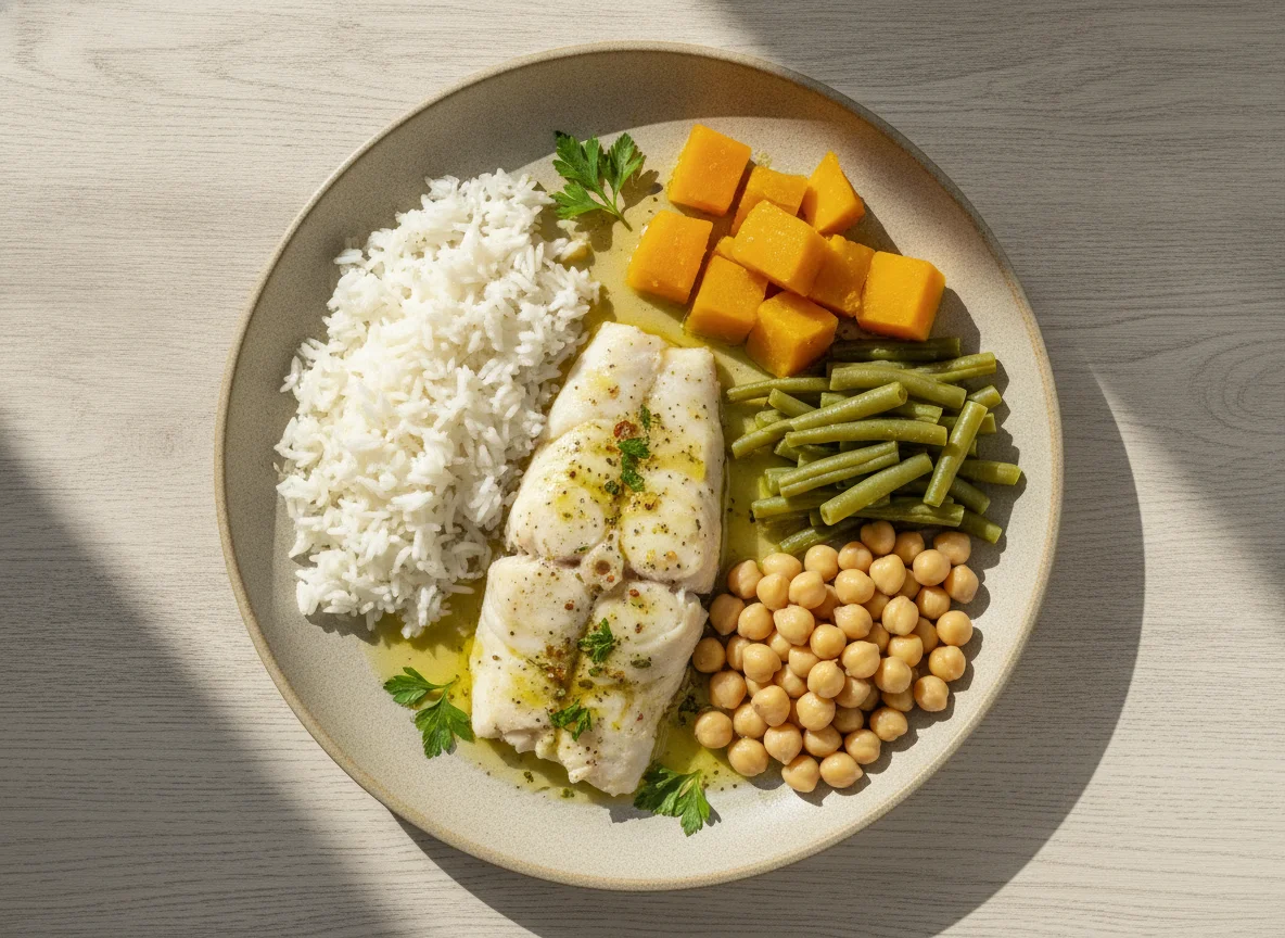 Peixe cozido com arroz e legumes photo