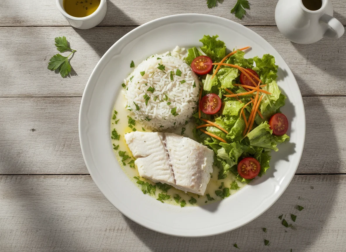 Peixe cozido com arroz e salada mista photo