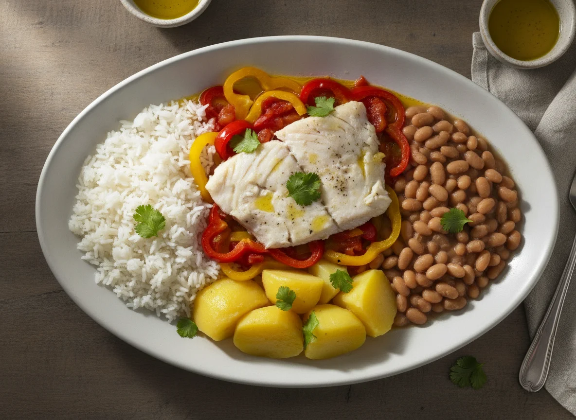 Peixe cozido com arroz, feijão e batatas photo