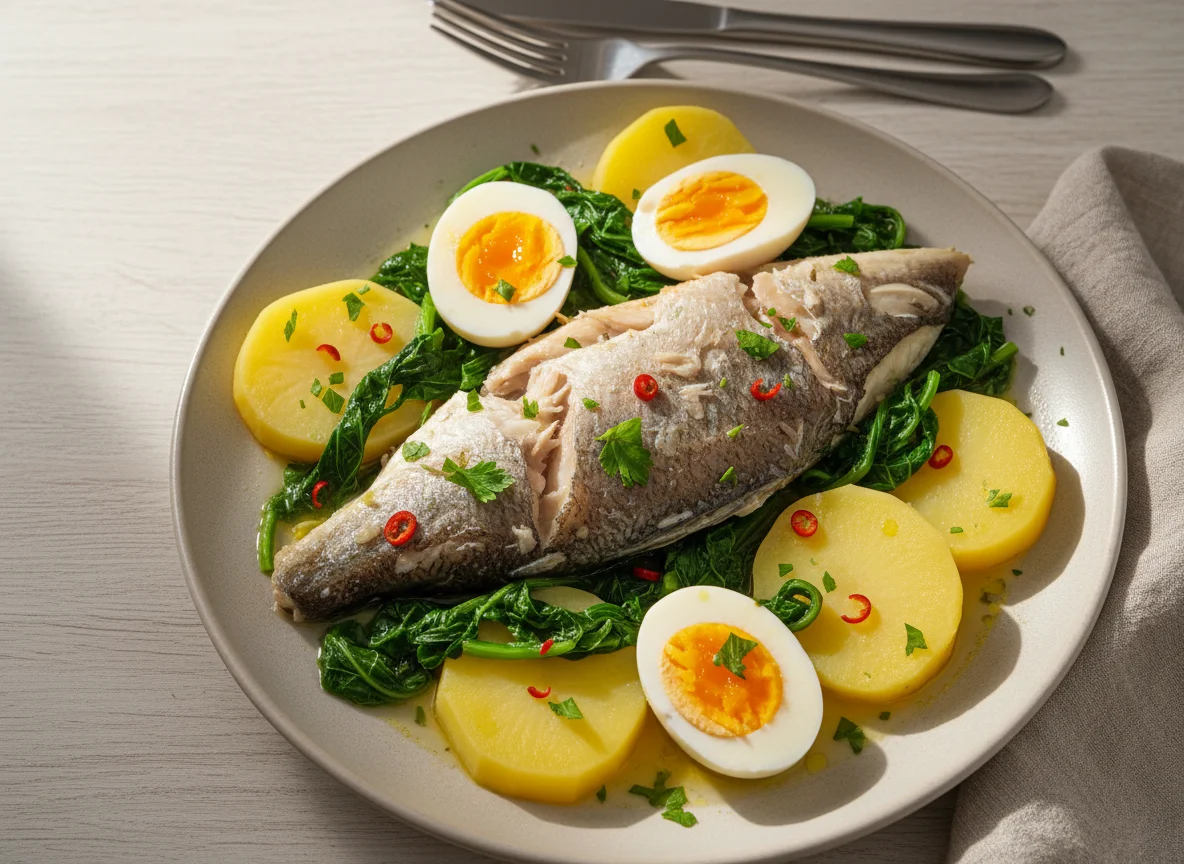 Peixe cozido com batata, ovo e grelos photo