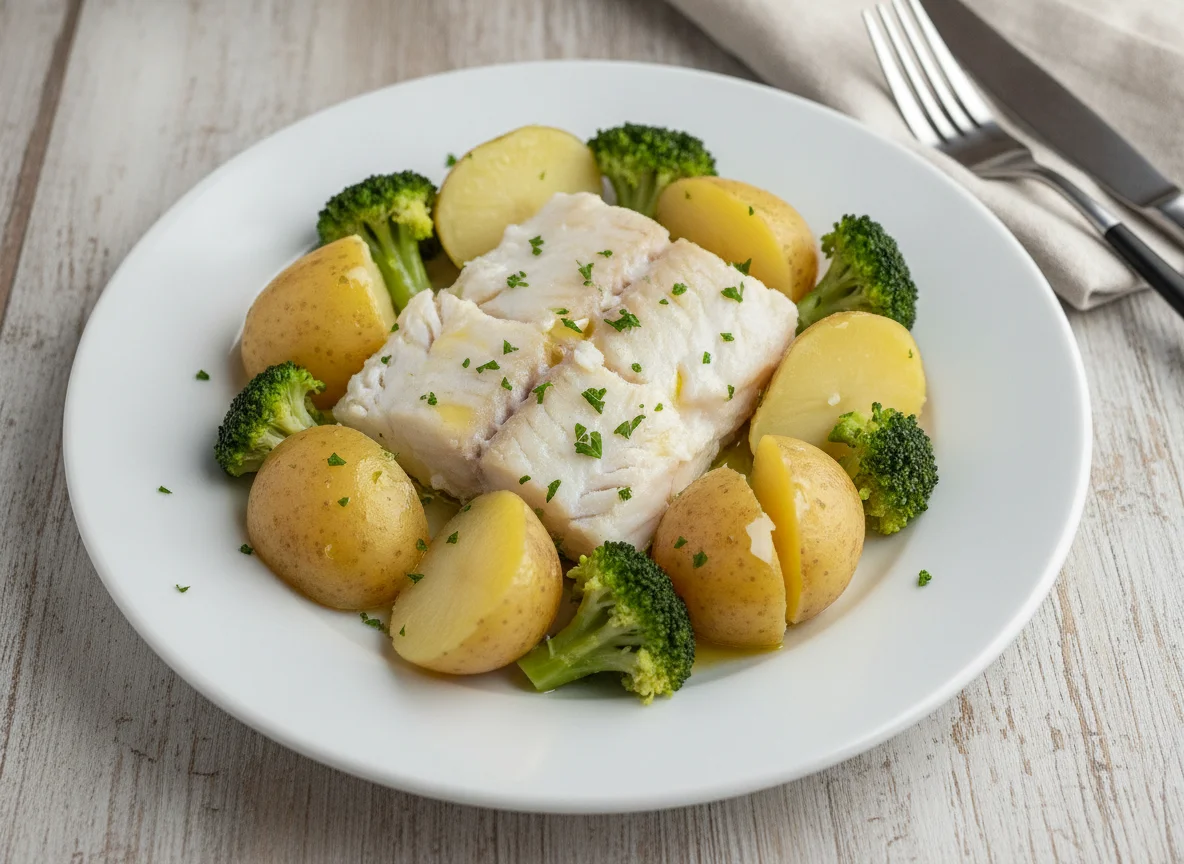 Peixe cozido com batatas e brócolos photo
