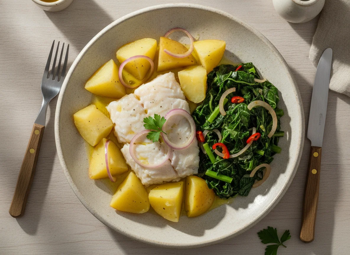 Peixe cozido com batatas e couve refogada photo