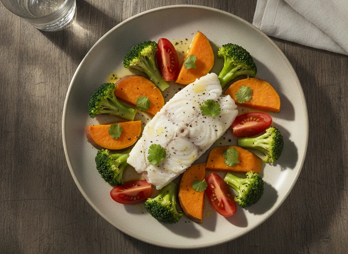 Peixe cozido com brócolos, tomate e batata-doce photo