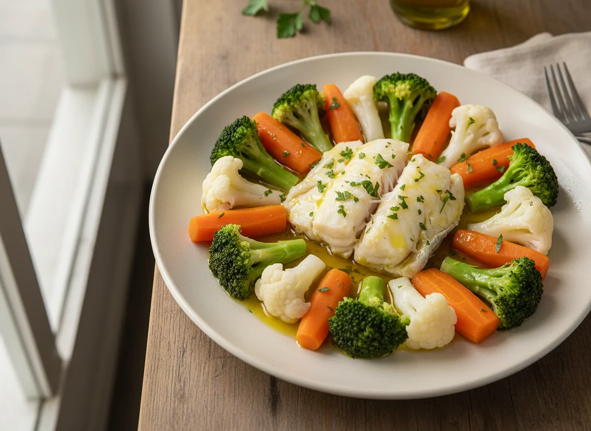 Peixe cozido com legumes photo