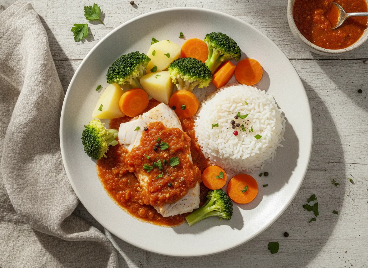Peixe cozido com legumes e arroz photo