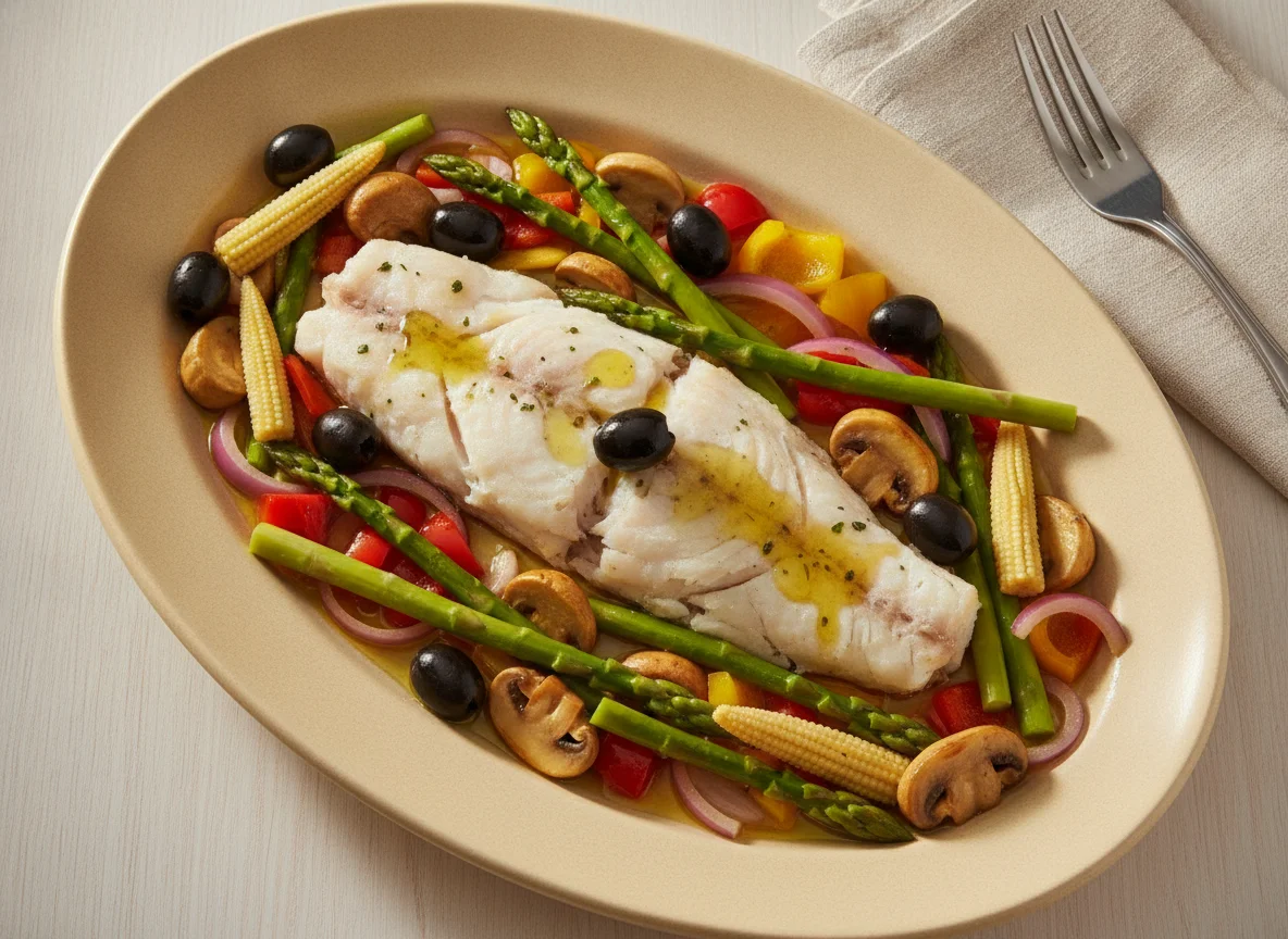 Peixe cozido com legumes e azeitonas photo