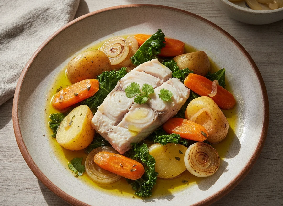 Peixe cozido com legumes e batata photo
