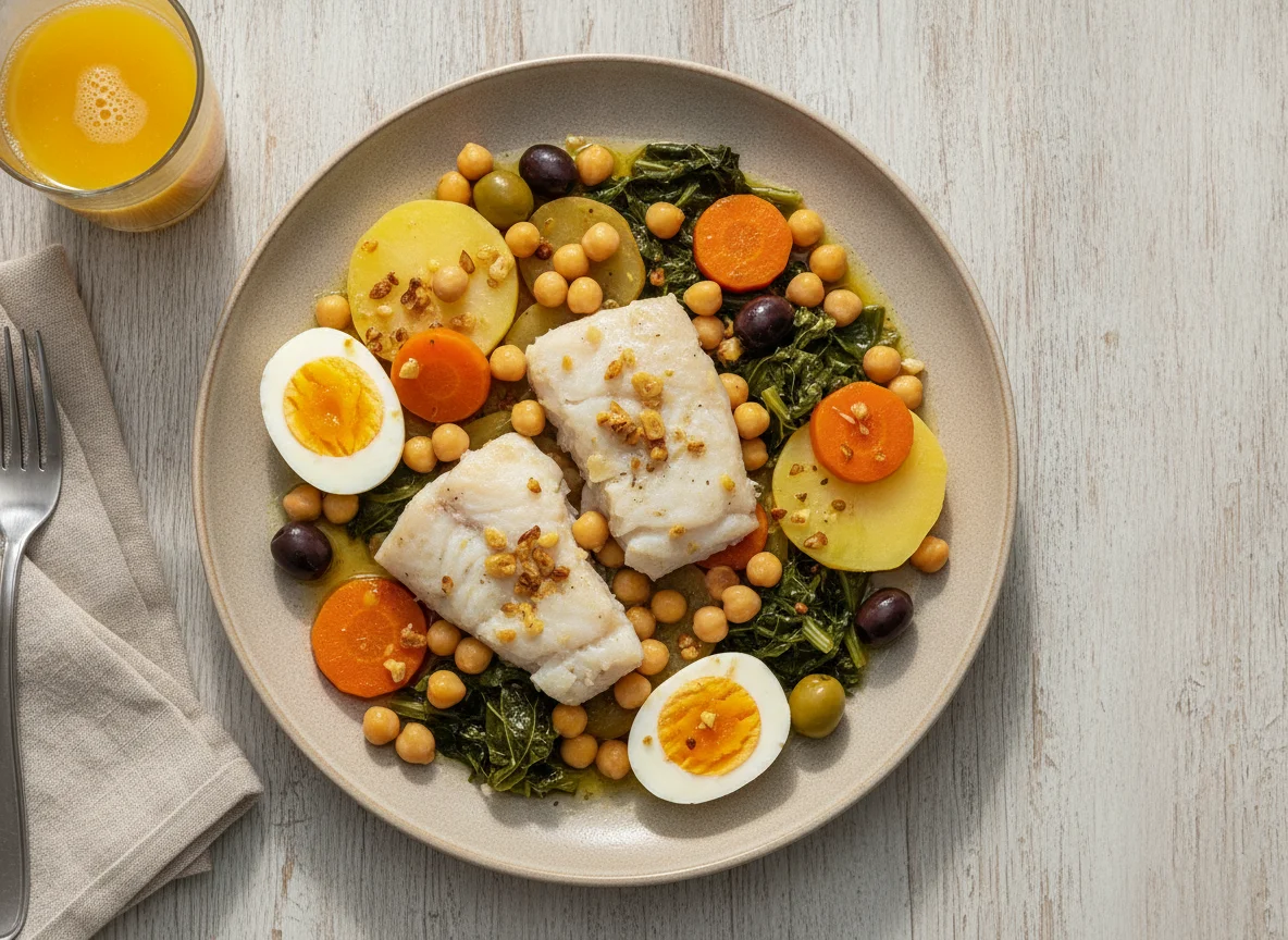 Peixe cozido com legumes e grão-de-bico photo