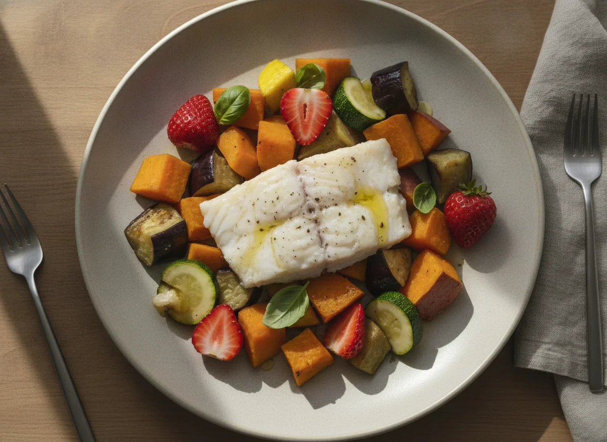 Peixe cozido com legumes e morangos photo