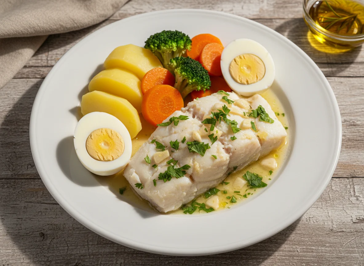 Peixe cozido com legumes e ovo photo