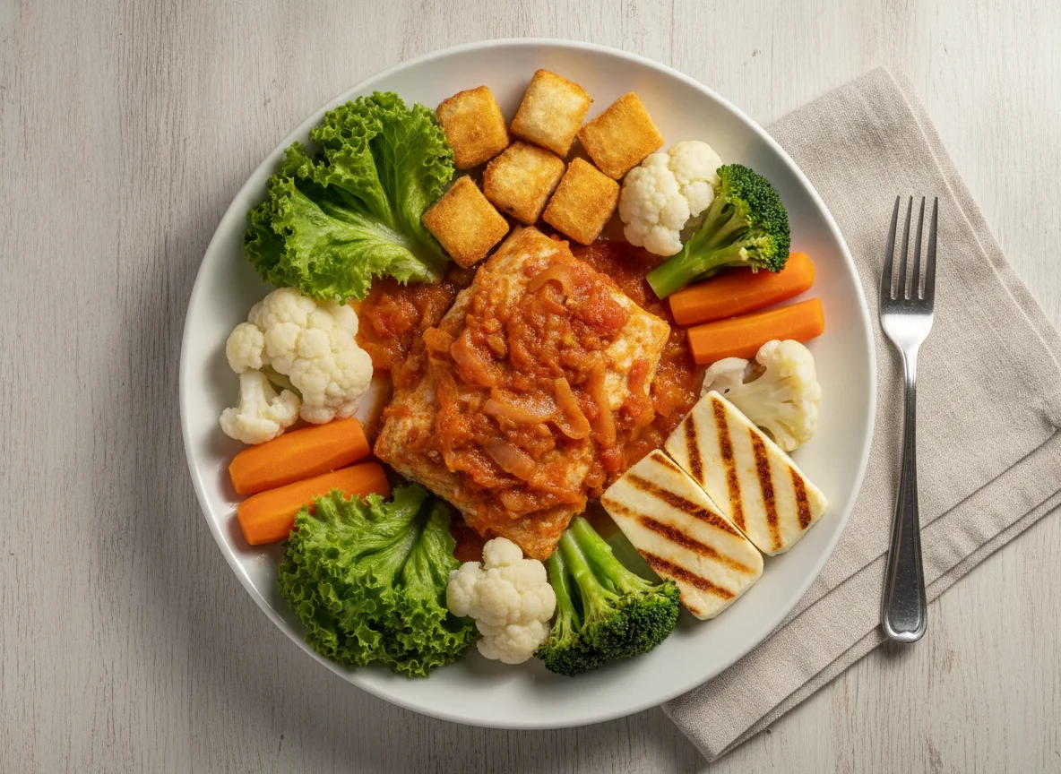 Peixe cozido com legumes e pão de queijo photo