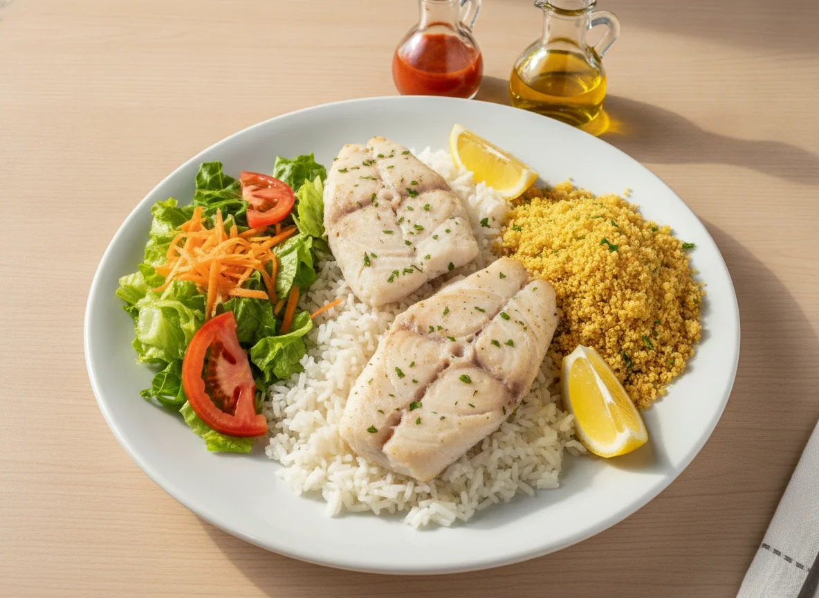 Peixe cozido com salada e farofa photo
