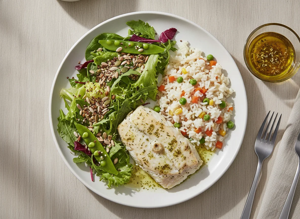Peixe cozido com salada mista e arroz photo