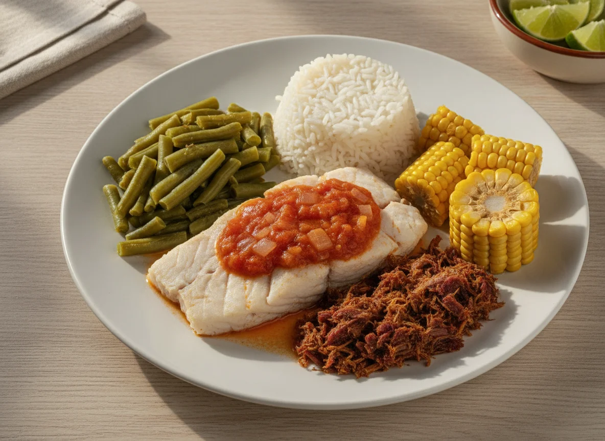 Peixe cozido com vagem, arroz e acompanhamentos photo