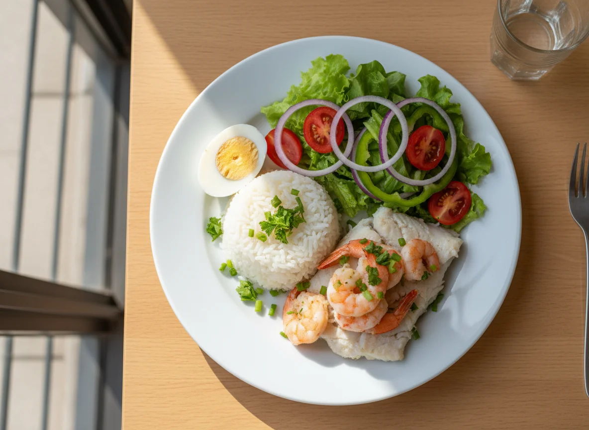 Peixe e Camarão com Arroz e Salada photo