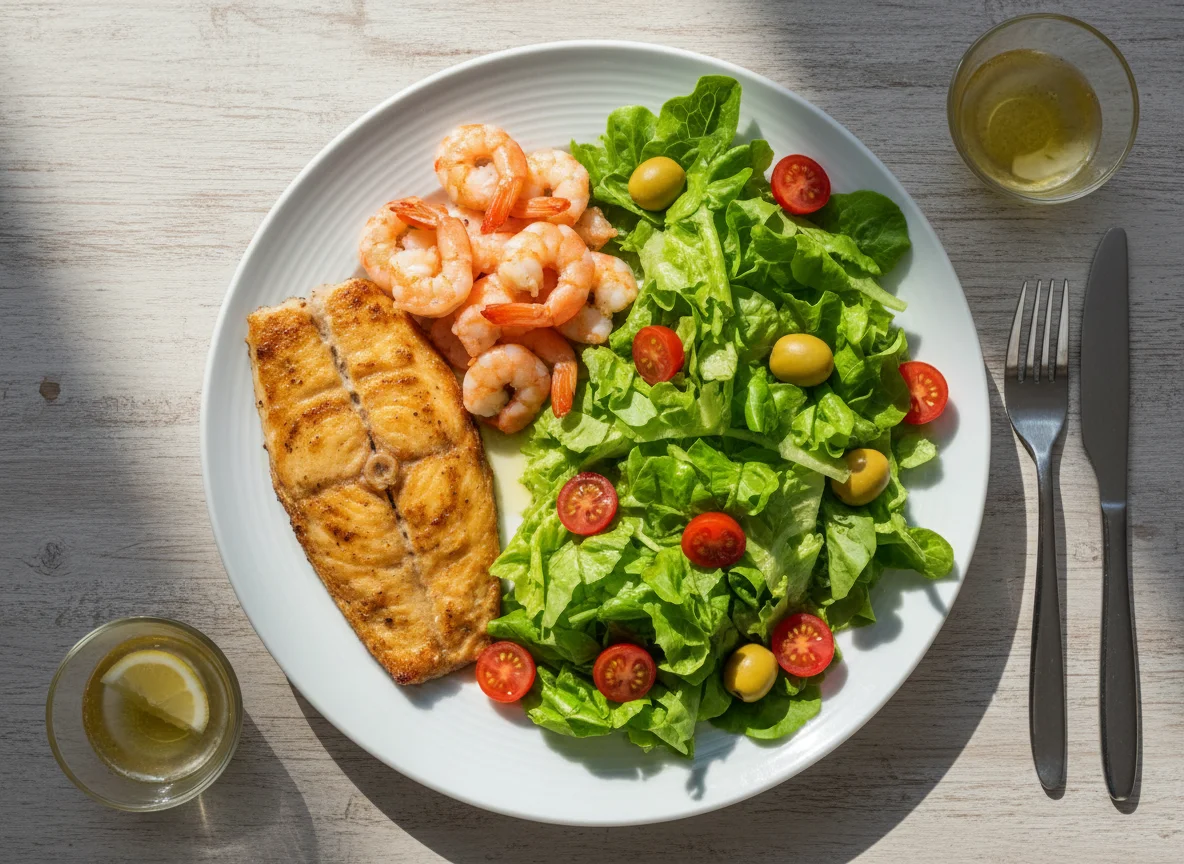 Peixe e Camarão com Salada photo