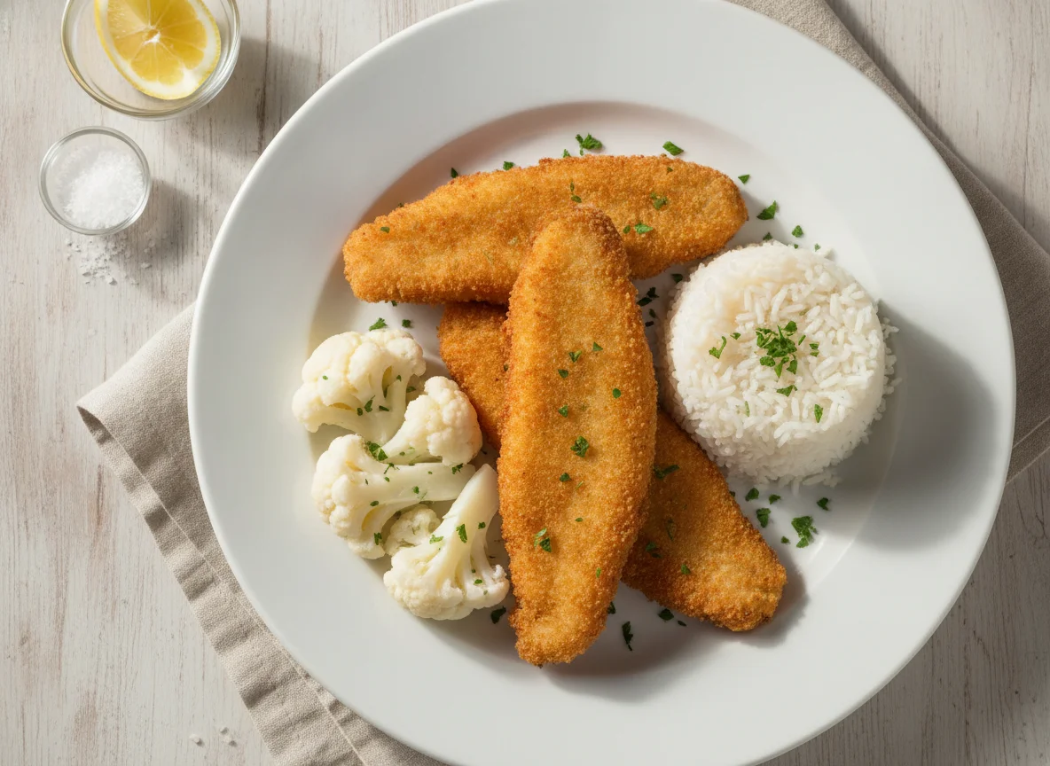 Peixe empanado com arroz e couve-flor photo