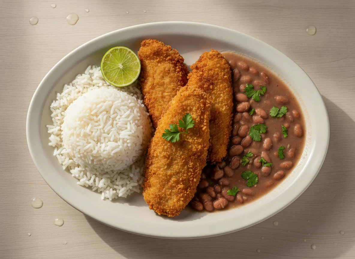 Peixe empanado com arroz e feijão photo