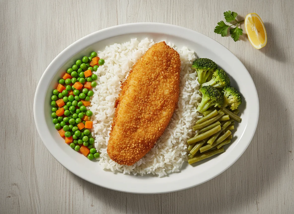 Peixe empanado com arroz e legumes photo