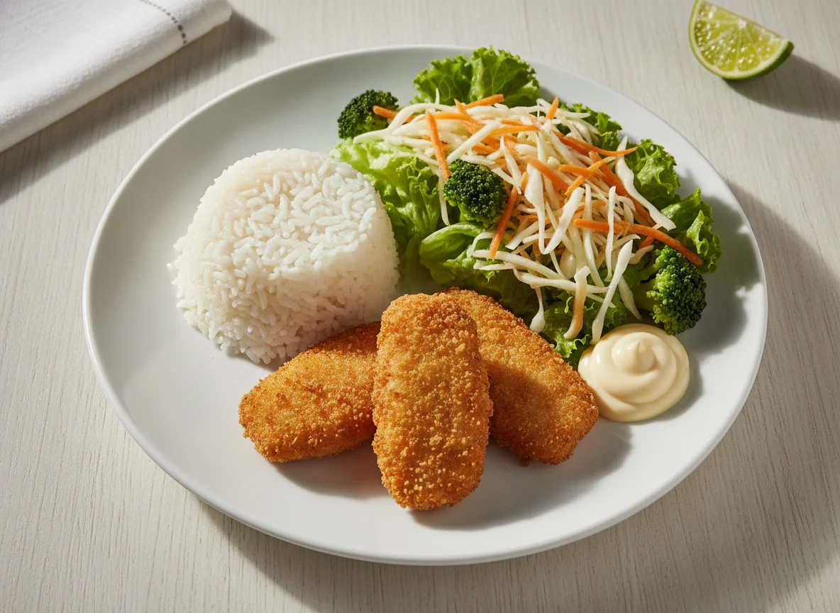 Peixe empanado com arroz e salada mista photo