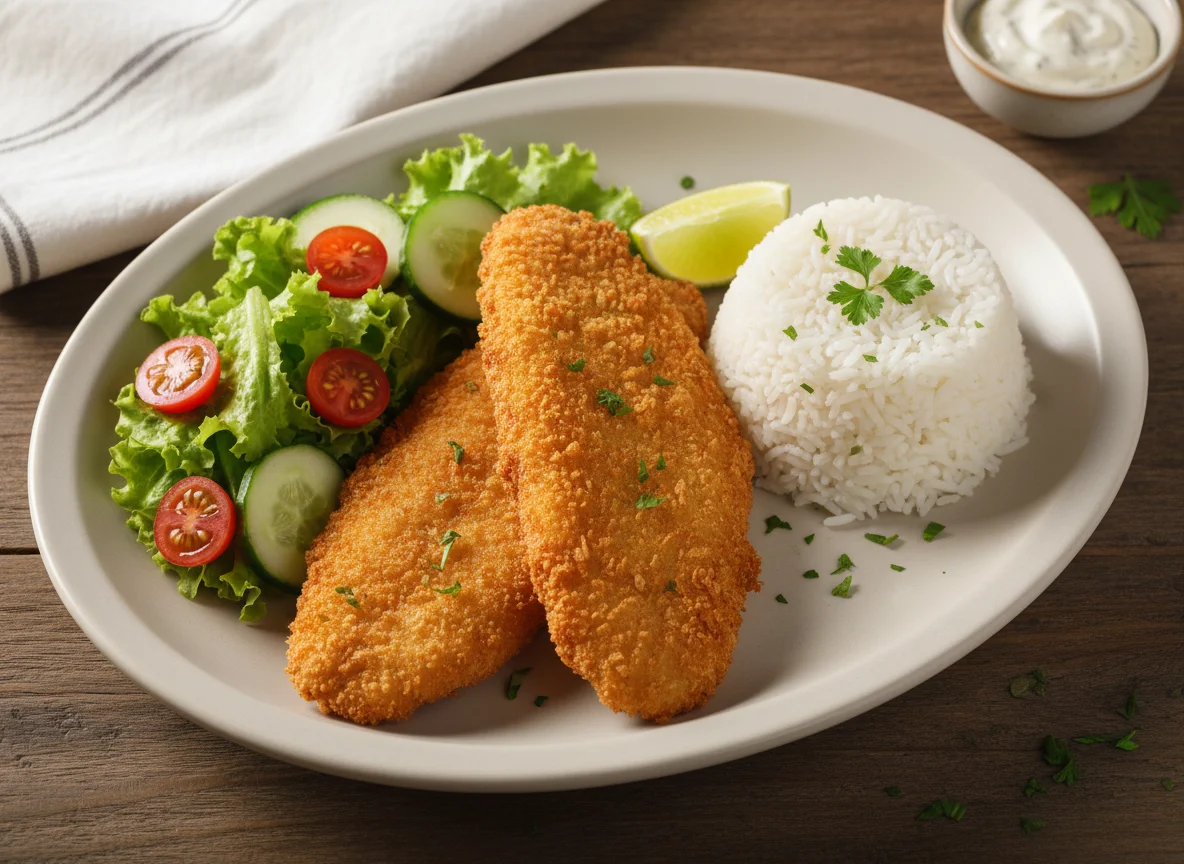 Peixe empanado com arroz e salada photo