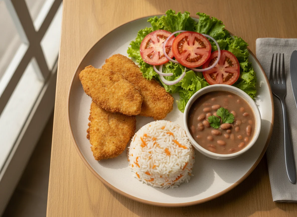Peixe empanado com arroz, feijão e salada photo