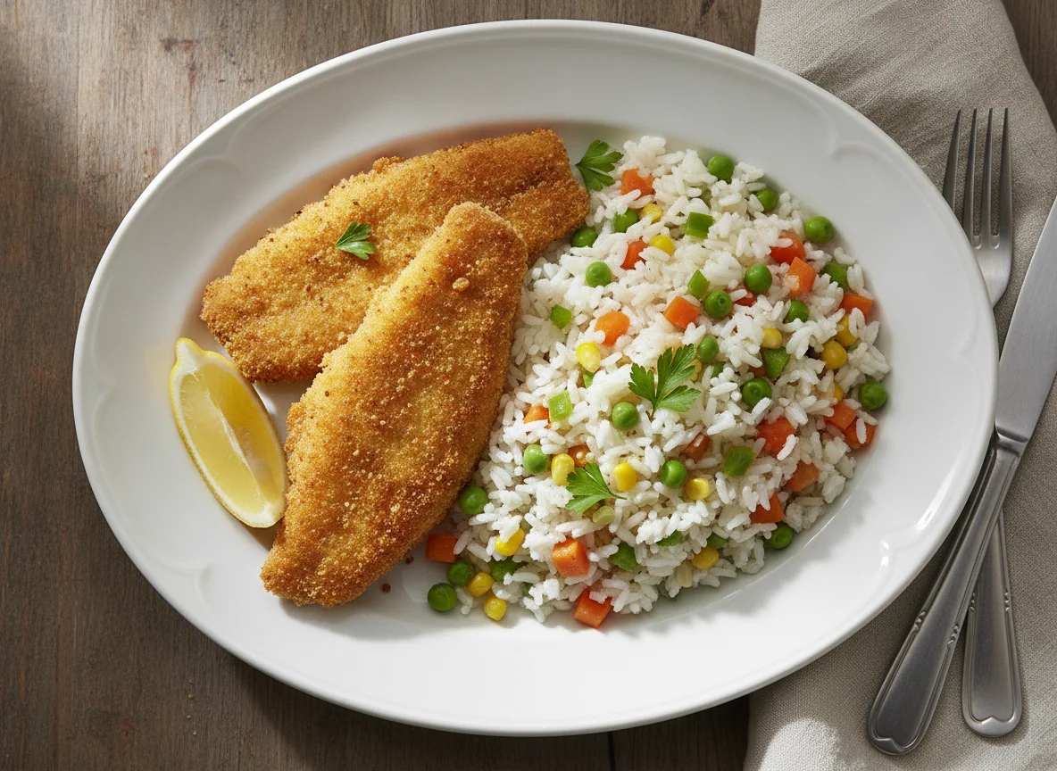 Peixe empanado com arroz grega photo