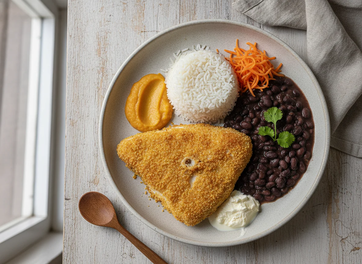 Peixe empanado com arroz konjac, feijão e purê de abóbora photo