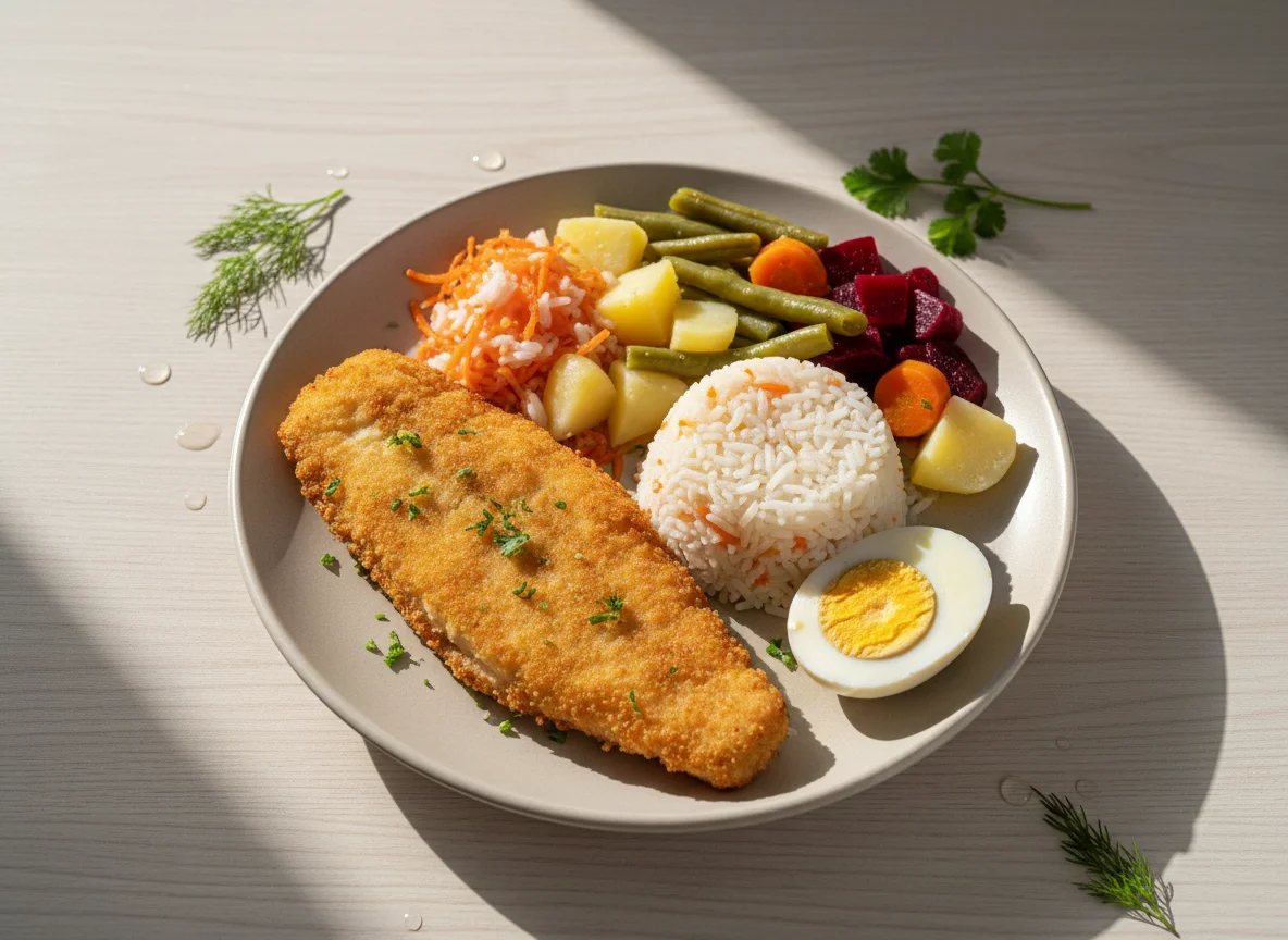 Peixe empanado com arroz, legumes e ovo cozido photo