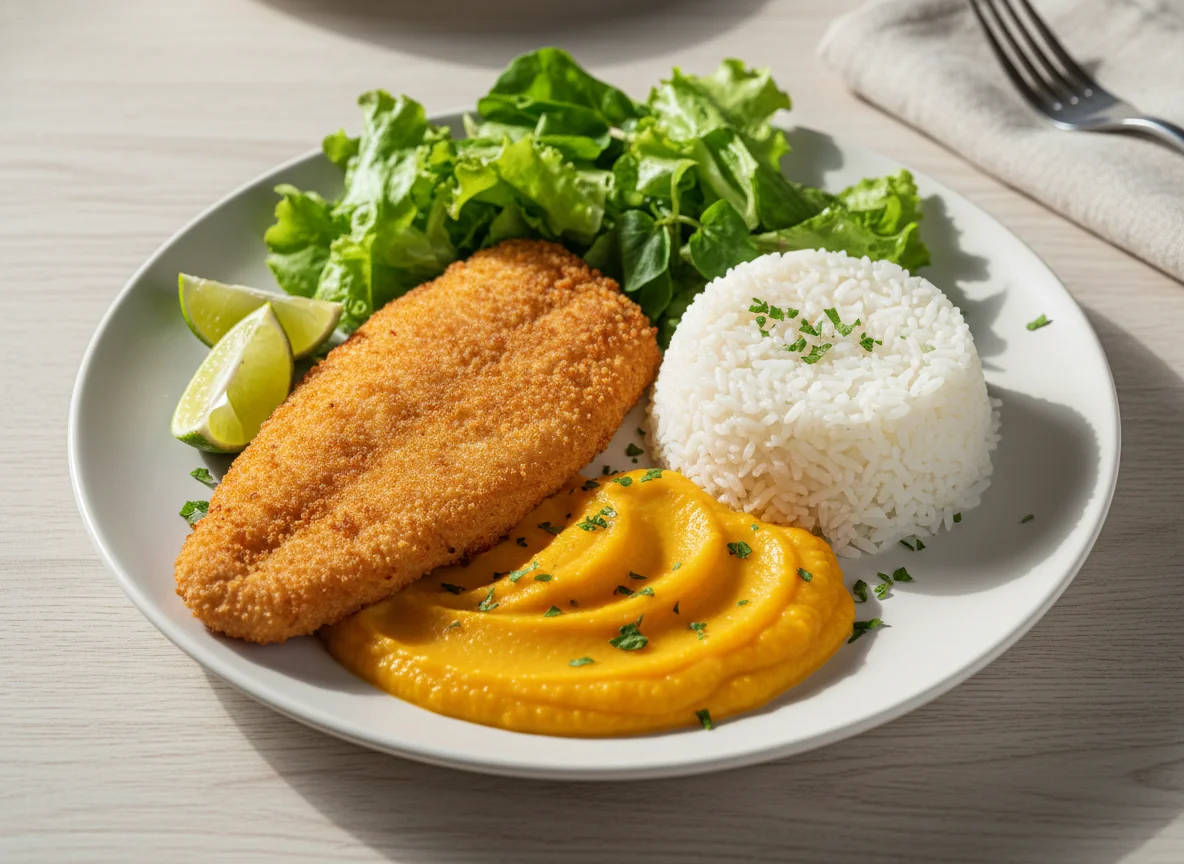 Peixe empanado com arroz, purê de abóbora e salada photo