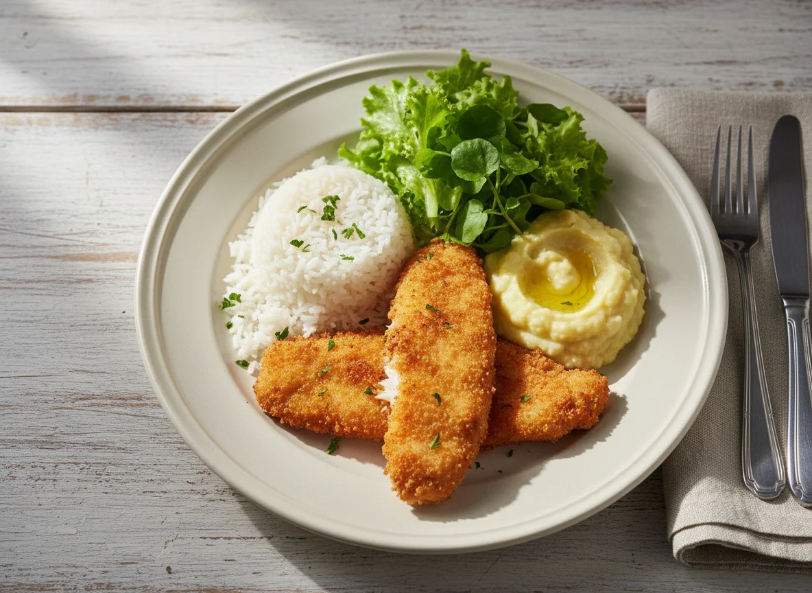 Peixe empanado com arroz, purê e salada photo