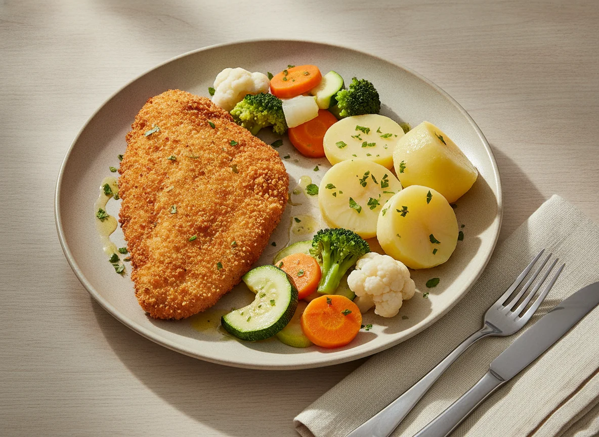 Peixe empanado com batata cozida e legumes no vapor photo