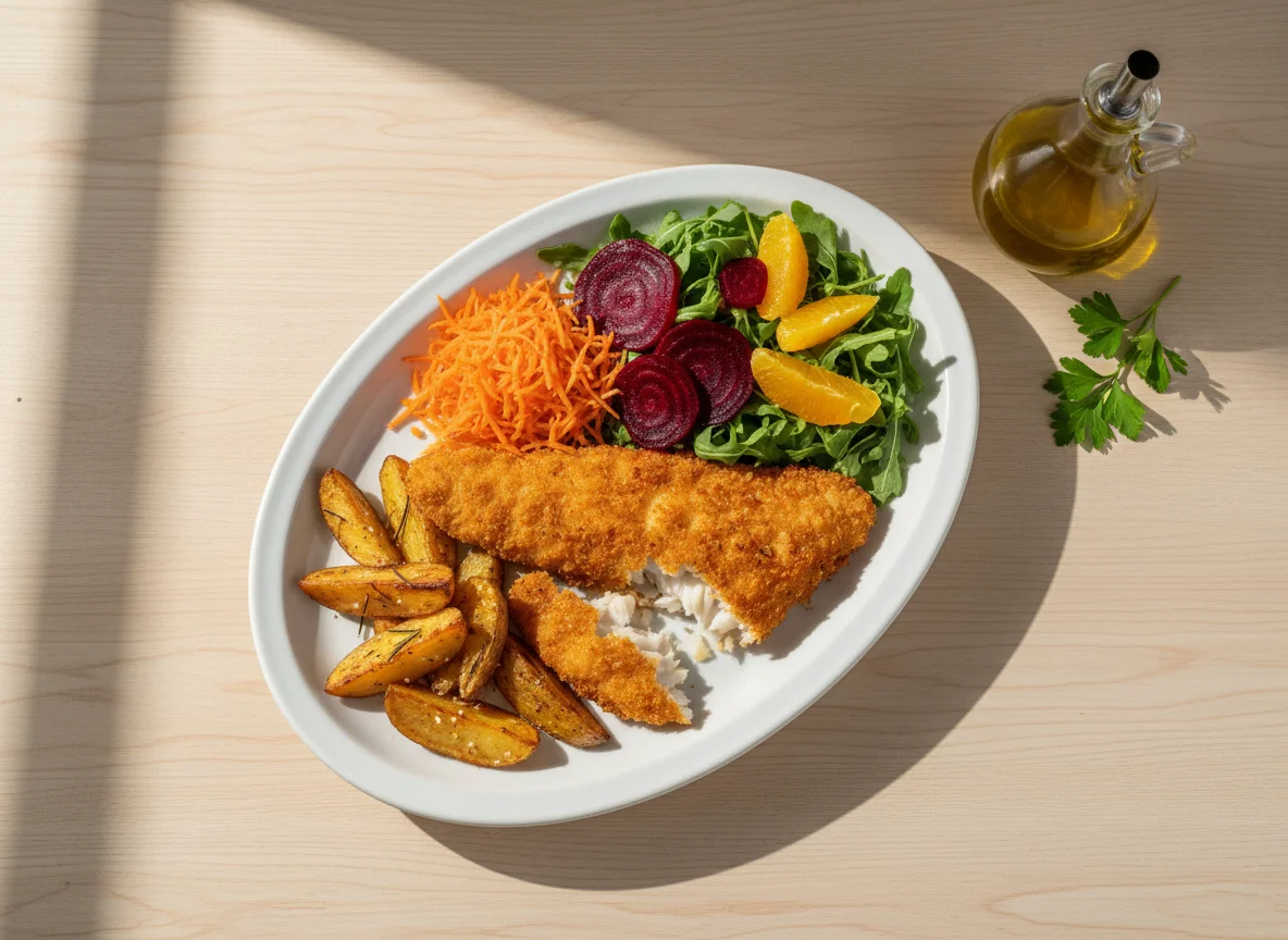 Peixe empanado com batatas e salada photo